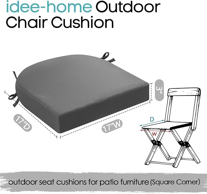 idee-home Outdoor Chair Cushions Set of 4, 17” x 17” x 3” Waterproof Patio Seat Cushions with Ties, Thick Dining Chair Pads for Outdoor Furniture, Medium Grey
