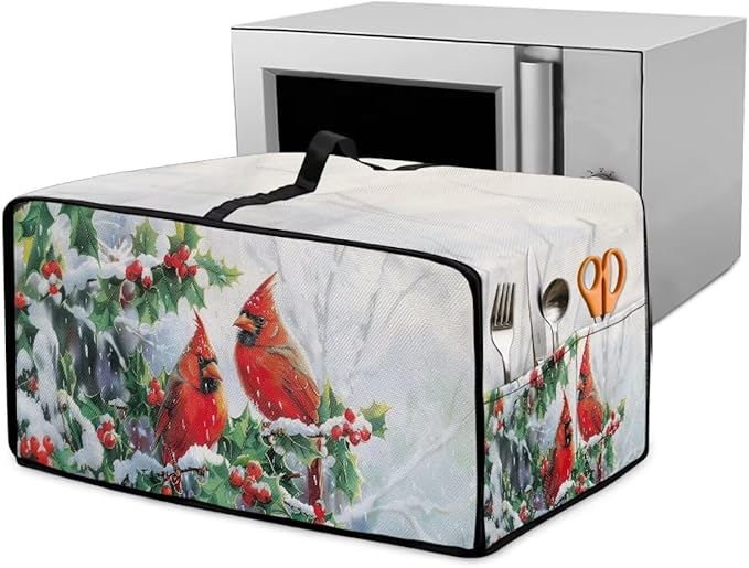 Christmas Microwave Oven Cover Air Fryer Toaster Oven Dust Cover with Accessory Pockets, Stain-resistant Small Electric Appliance Protector for Kitchen, M, Red Cardinal Bird Holly White