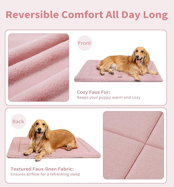 Made4Pets Dog Crate Pad Bed for Medium Dogs, Washable & Reversible, Anti-Slip Kennel Mat for Cozy Sleeping, Soft Fluffy Dog Bed for Indoor & Outdoor Use, 29"x21", Pink