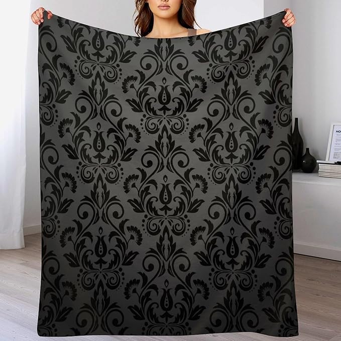 Black Damask Blanket, Antique Victorian Style Gothic Vintage Black Floral Bohemian Exotic Print Blanket for Sofa Bed Decor Fuzzy Blanket Twin, 60"x80"
