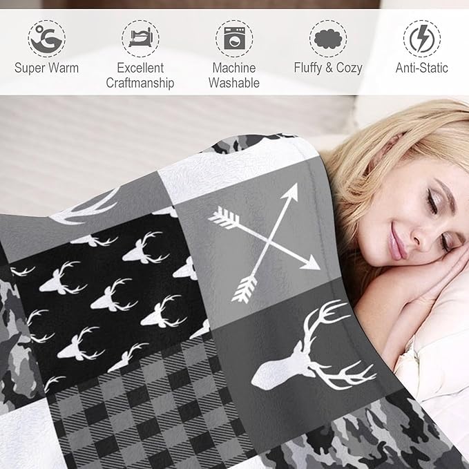 Rustic Cabin Throw Blanket, Farmhouse Grey Camouflage Deer Vintage Country Hunting Wildlife Blanket Throw for Bed Camping Travel Living Room Bedroom, 60"x80"