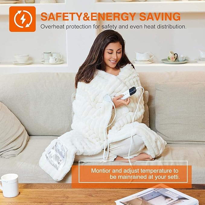 Heated Blanket 90"X100",Fast Heating Blanket with 6 Heat Levels 10 Hours Auto-Off Overheat Protection,Stripe Faux Rabbit Fur Soft Warm, ETL Certified,Cream