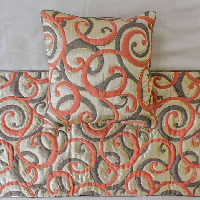 The HomeCentric King/Queen/Twin Orange Designer Full 68"x18" Bed Runner with Two Pillow Cover, Scroll, Jacquard & Quilted Bed Scarf on Jacquard Fabric - Scroll Cascade