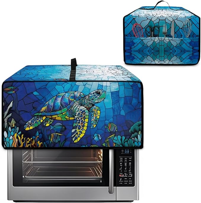 Glass Painting Sea Turtle Print Microwave Oven Cover Dustproof Toaster Oven Cover Large Size Foldable Kitchen Appliance Protector with Storage Bag Machine Washable, S
