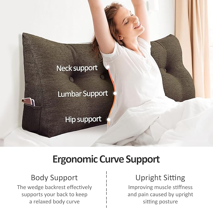 Wedge Headboard Pillow Dorm Room Reading Pillow Back Support for Sitting Up in Bed Bolster Lumbar Cushion Body Positioning Bedrest Cotton Linen 76in Coffee King