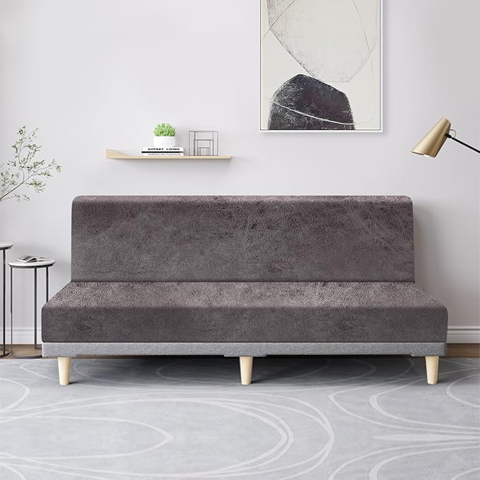 molasofa Leather Like Stretch Futon Slipcover Armless Futon Bed Sofa Cover Furniture Protector with Elastic Bottom, Soft and Washable Futon Cover for Sofa Bed Stay in Place（Larger，Khaki）