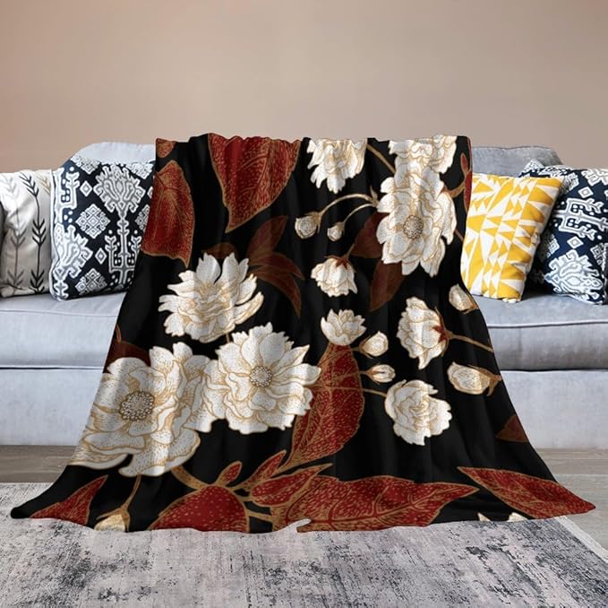 Red Gold Floral Blanket, Boho Dark Flower Leaves Chinese Plum Blossoms Botanical Vintage Throw Blanket for Bed Living Room Bedding Couch Soft Lightweight Warm Cozy Decor, 30"x40"