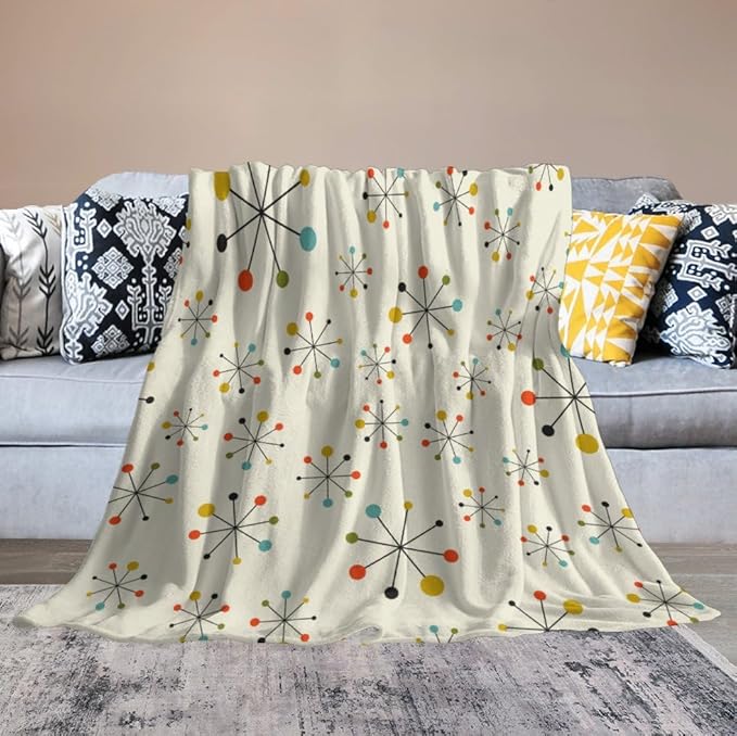 Mid Century Throw Blanket, Retro Abstract Geometric Pattern Boho 1950s 1960s Iconic Atomic Starbursts Modern Sputnik Print Blanket for Couch Sofa Bed Decorative Gifts 60"x80"