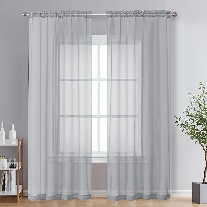 OVZME Light Grey Sheer Curtains 84 Inches Long 2 Panels - Soft Light Filtering Window Sheer Panels for Living Room/Bedroom, Top Dual Rod Pocket, 1 Pair, Each 42Wx84L Inches