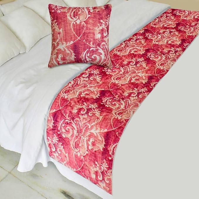 The HomeCentric King/Queen/Twin Pink Luxury King 90"x18" Bed Runner with One Pillow Cover, Damask, Quilted Bed Scarf on Velvet Fabric - Pink Dalliance