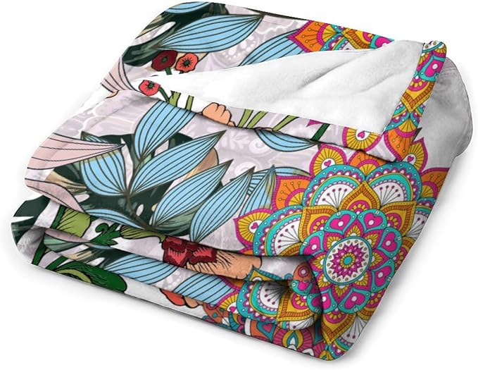 Boho Flowers Blanket for Women Girls, Rustic Bohemian Mandala Palm Leaves Plants Botanical Print Blanket for Bedroom Living Room Couch Sofa, 50"x60"