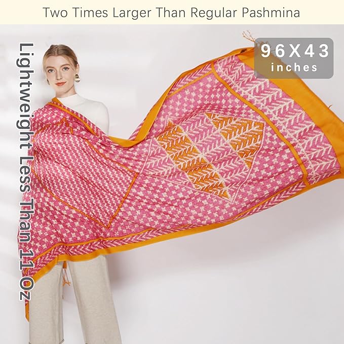 DANA XU 100% Merino Wool Pashmina Shawl for Women 96"x43", Oversized Cashmere Wrap with Tassels, Floral Travel Blanket Cape