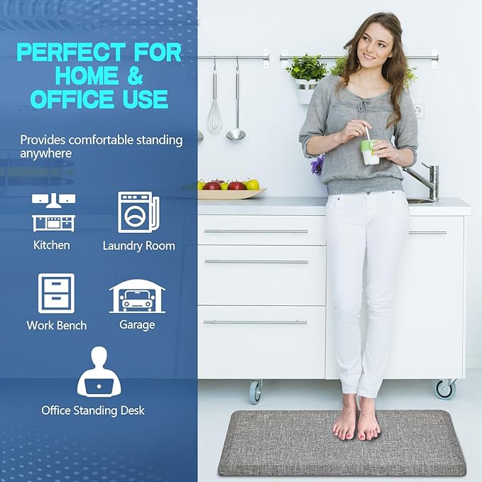 Anti Slip 7/8 inchs Anti Fatigue Kitchen Floor Mat, Ergonomic Comfort Standing Mat, Waterproof Kitchen Runner for Home, Kitchen, Office, Laundry, Garage (Light Gray, 17.3" x 39" -0.87")