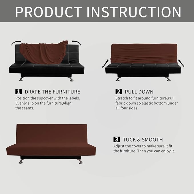 Easy-Going Stretch Futon Sofa Slipcover Armless Sofa Bed Cover Furniture Protector Without Armrests with Elastic Bottom for Kids,Soft Jacquard Small Checks（Medium Futon,Coffee