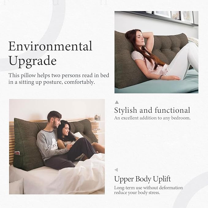 Wedge Headboard Pillow Dorm Room Reading Pillow Back Support for Sitting Up in Bed Bolster Lumbar Cushion Body Positioning Bedrest Cotton Linen 59in Coffee Queen