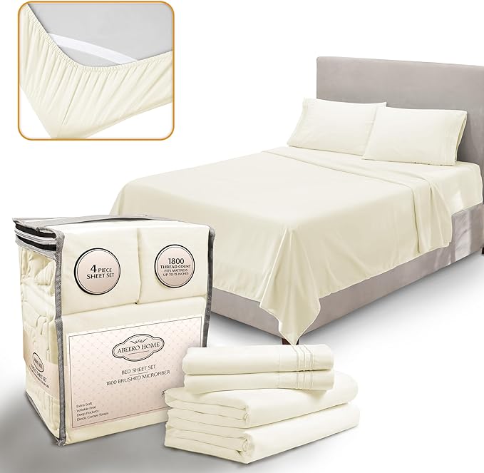 King Size Sheets Set Cooling - Luxury Hotel Sheets - Soft Bed Sheet with Elastic Corner Straps - Deep Pockets Microfiber Bedsheet - Bedding Sheet & Pillowcases - 4 Piece (King, Ivory)