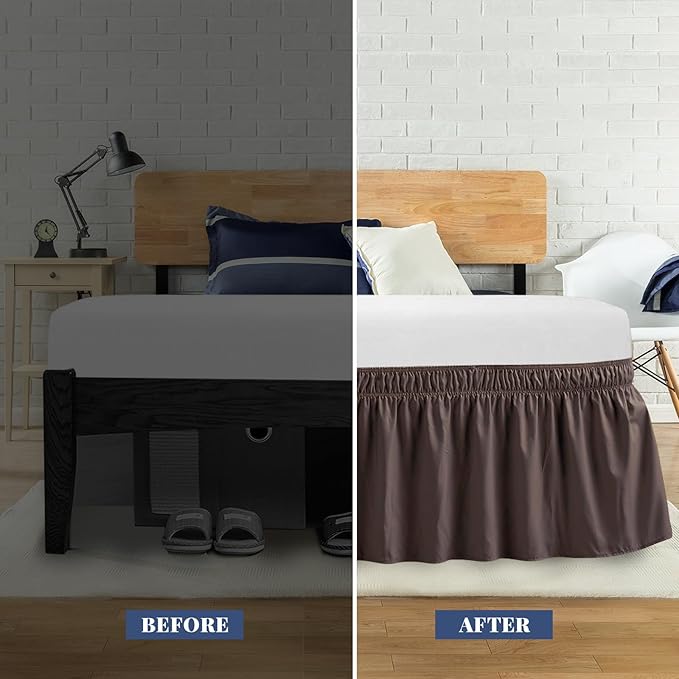 King Bed Skirt, Elastic Wrap Around Bed Skirt King Size, Bed Skirts for Adjustable Bed, Easy Fit with 14" Drop Length Tailored Drop Dust Ruffle (Brwon)