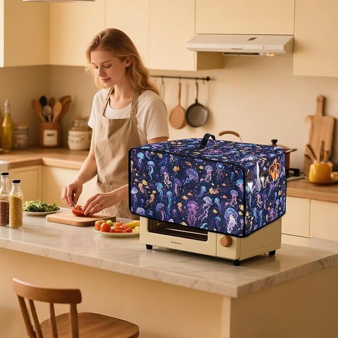 Jellyfish Clownfish Bubble Print Microwave Oven Cover Dust-Proof Fabric Toaster Oven Covers Easy to Clean Foldable Microwave Oven Grill Cover Protector with Top Handle, L
