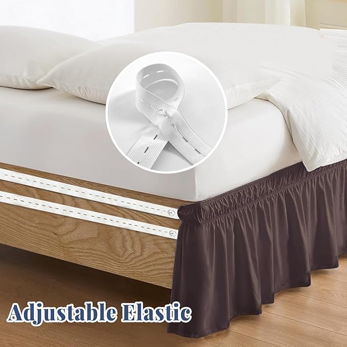 Full Bed Skirt, Elastic Wrap Around Bed Skirt Full Size, Bed Skirts for Adjustable Bed, Easy Fit with 14" Drop Length Tailored Drop Dust Ruffle (Brown)