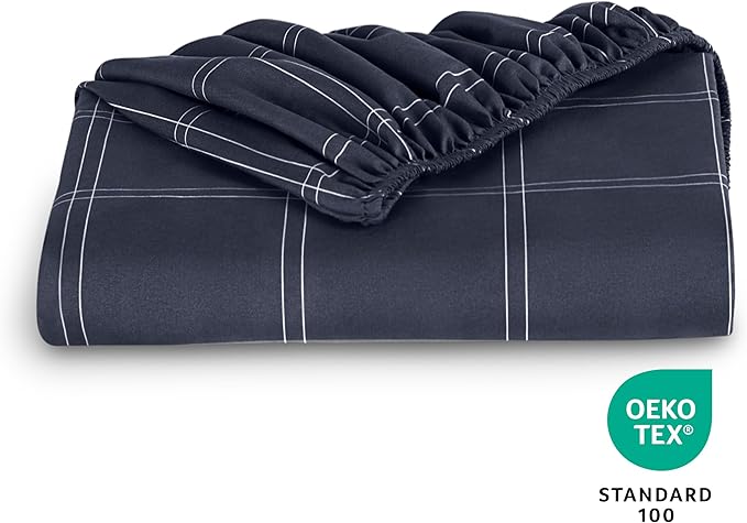 Fitted Bottom Sheet Twin Size - Premium 1800 Microfiber - Ultra-Soft Hotel Luxury - Deep Pocket - Durable and Long Lasting - Fitted Sheet (Twin, Modern Plaid - Midnight Blue/White)