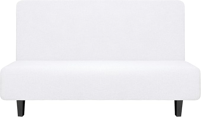 Easy-Going Stretch Futon Slipcover Armless Futon Bed Cover Furniture Protector Without Armrests with Elastic Bottom for Kids, Soft Jacquard Fabric Small Checks (Medium, Snow White)