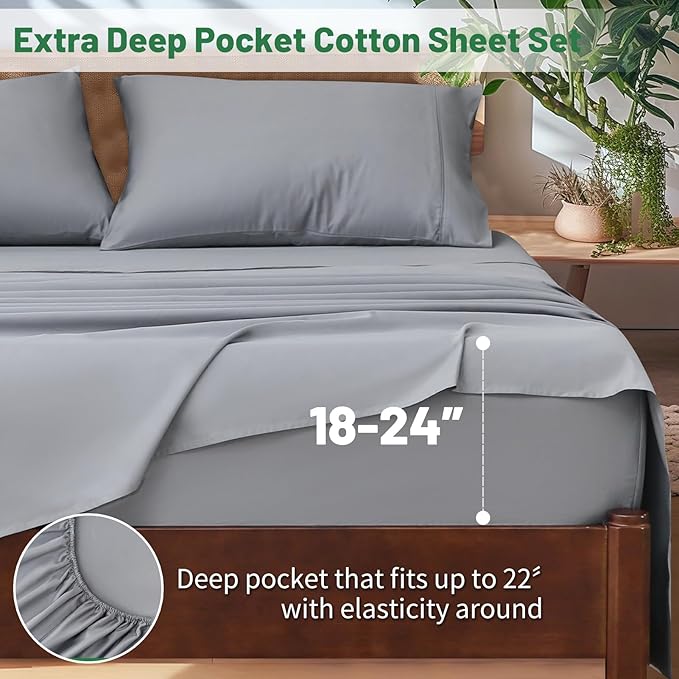 Extra Deep Pocket King Sheets 18-24 Inch 100% Egyptian Cotton 1000 Thread Count Sateen Weave Soft Breathable 4 Pieces（King，Grey）