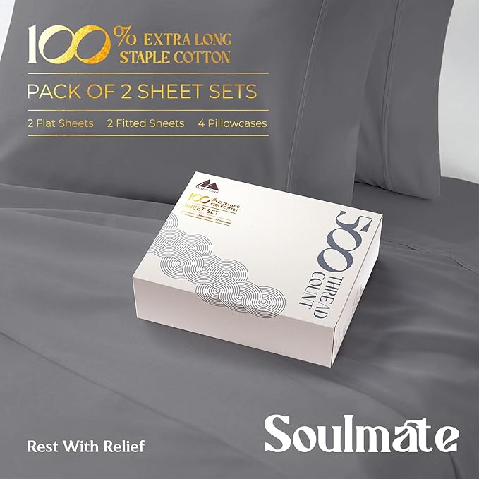Mayfair Linen 100% Egyptian Cotton 2 Pack Queen Sheet Set - Luxury 500 Thread Count Cotton Sheets Queen Size (8 PC, Dark Grey), Soft, Cooling, Sateen Weave, 16" Deep Pocket Hotel Quality Bed Sheet Set