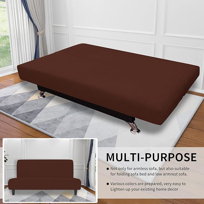 Easy-Going Stretch Futon Slipcover Armless Sofa Cover Furniture Protector Without Armrests Slipcover Soft with Elastic Bottom for Kids, Spandex Jacquard Fabric Small Checks(futon,Coffee)