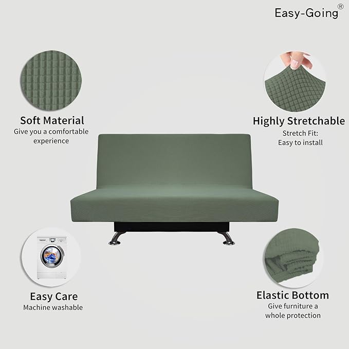 Easy-Going Stretch Futon Slipcover Armless Futon Bed Cover Furniture Protector Without Armrests with Elastic Bottom for Kids, Soft Jacquard Fabric Small Checks (Medium, Greyish Green)