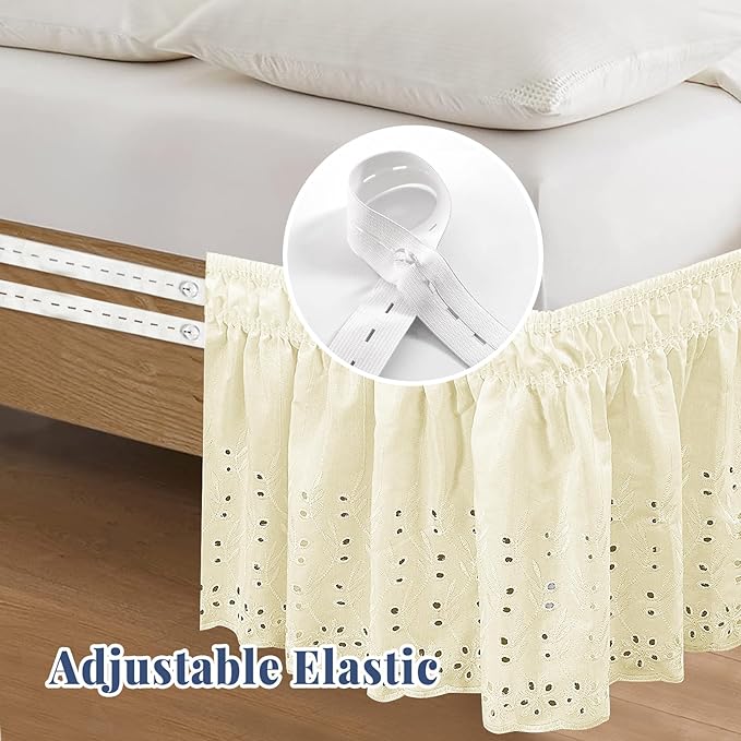 Full Bed Skirt, Wrap-Around Elastic Ruffled Eyelet Bed Skirt Full Size Dust Ruffle with Gathered Styling and Embroidered Details, 18" Drop Length (Light Yellow)