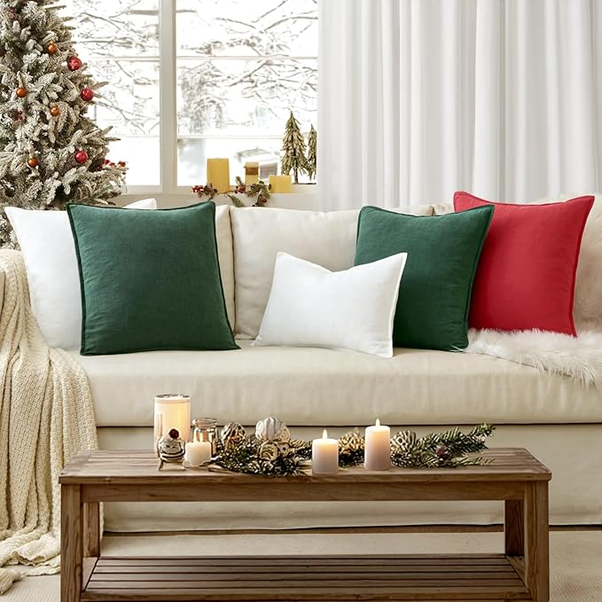 EMEMA Christmas Throw Pillow Covers Decorative Linen Pillow Covers 24x24 Inch Red Boho Farmhouse Neutral Couch Throw Pillows for Bed Pack of 2 Accent Pillowcase Modern Sofa Cushion Livingroom Home