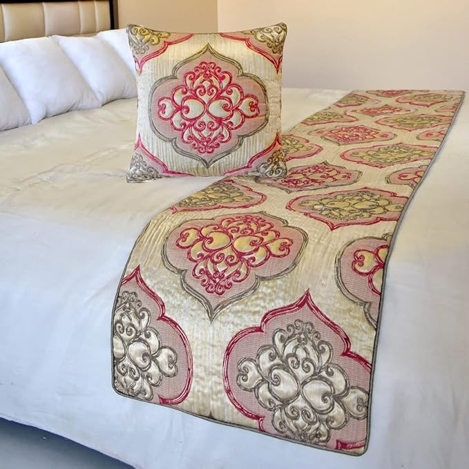 The HomeCentric King/Queen/Twin Pink Decorative Full 68"x18" Bed Runner with 2 Pillow Cover, Quilted & Damask Bed Scarf on Silk Fabric - Emre