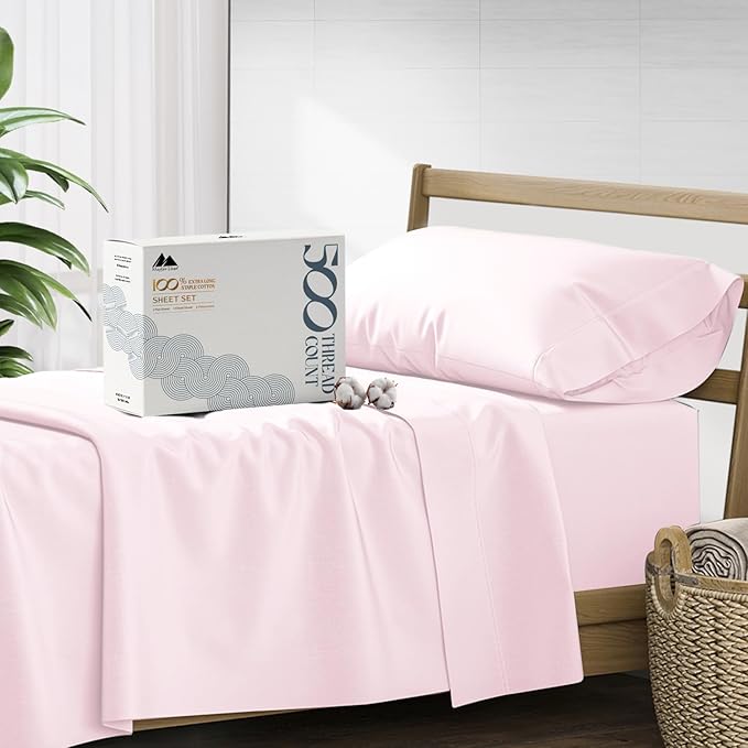Mayfair Linen 500 Thread Count Twin Cotton Sheets - 3 PC Twin Size Bed Sheet Set Cotton (Blush), Soft, Cooling, Sateen Hotel-Quality 16" Deep Pocket Bedsheet for Hot Sleepers (Fits 18" Mattress)