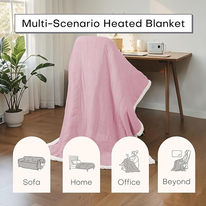 Electric Heated Blanket Throw Size 50"x60" - Dual-Sided with Microplush & Sherpa Fabric, 4 Heat Settings & 3 Hours Auto Off, Machine Washable - Pale Pink