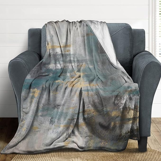 Fashion Gradient Blanket, Modern Art Baroque Gold Grey Green Painting Strokes Pattern Soft Warm Cozy Plush Flannel Covers for Livingroom Bedroom Couch Chair Camping Travel Home Decor Tapestry 40x50in