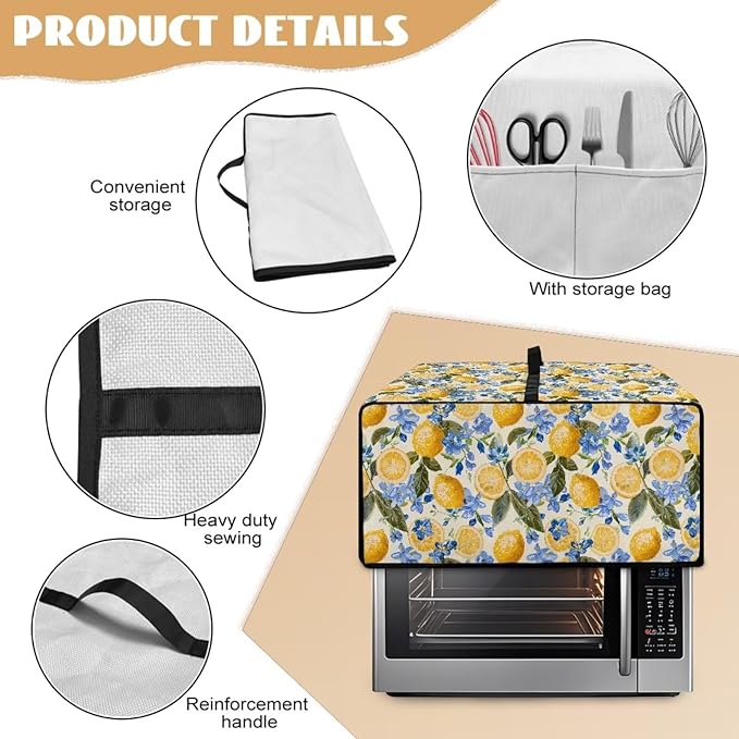 Waterproof Dust-Proof Microwave Oven Grill Cover Protector Lemon Floral Leaf Print Polyester-Linen Fabric Dust Cover with Storage Bags Case Protections for Microwave Oven, L