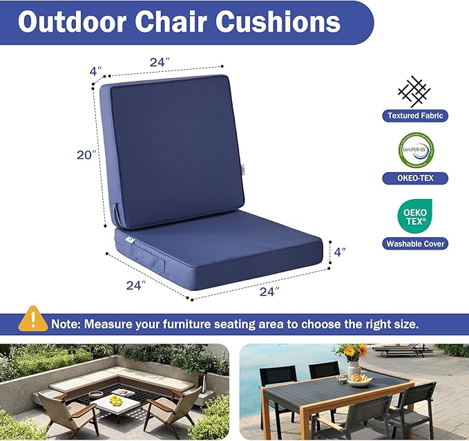 Outdoor Chair Cushions, Waterproof Patio Chair Cushions 24x24x4 Inch, Outdoor Cushions with Removable Cover for Sofa, Fade Resistant Patio Cushions for Outdoor Furniture, Navy Blue