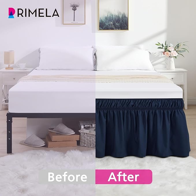 RIMELA Navy Blue Bed Skirt Queen Size 15 Inch Drop, Elastic Bed Skirting for Bed Base and Frame, Bedding Dust Ruffle Easy to Install, Lightweight Wrap Around Adjustable Bedskirt