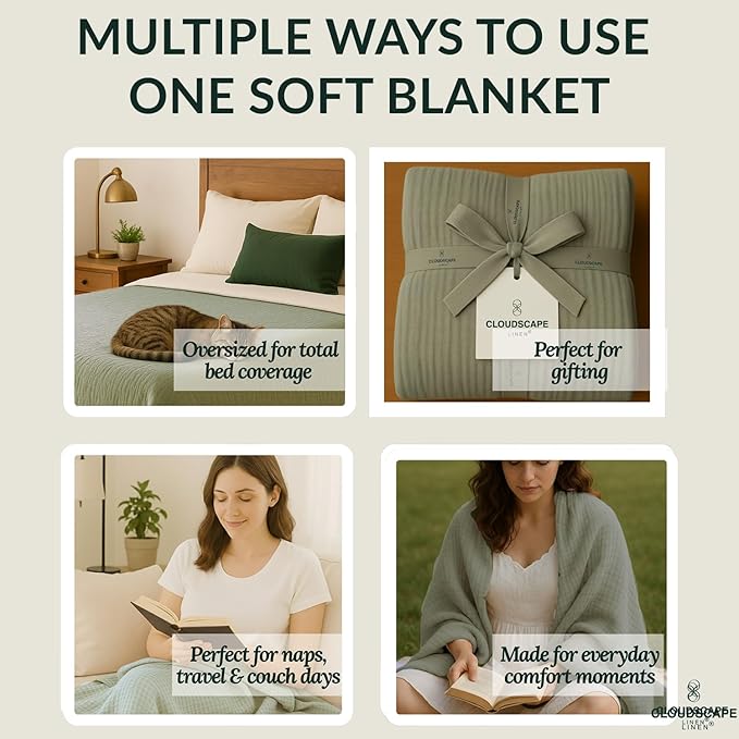 Cloud Scape Linen Oversized 4 Layer Muslin Blanket Twin Size - 100% Cotton, Lightweight & Breathable All Season Gauze, Pre-Washed, for Bed, Couch, fits Twin XL Bed,68x92, Sage Green
