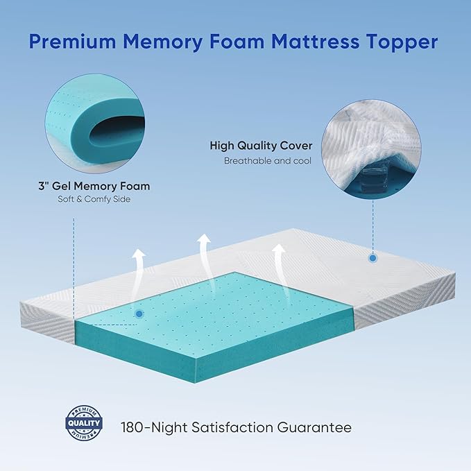 3 Inch King Size Gel Memory Foam Mattress Topper High Density Cooling Pad Pressure Relief Bed Topper with Removable & Washable Cover