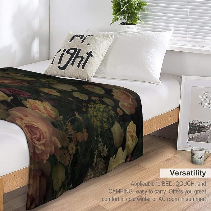 Black Floral Blanket, Rustic Watercolor Botanical Rose Peony Vintage Leaves Plant Boho Gothic Print Throw Blankets for Bed Living Room Bedding Couch Soft Decor, 40"x50"