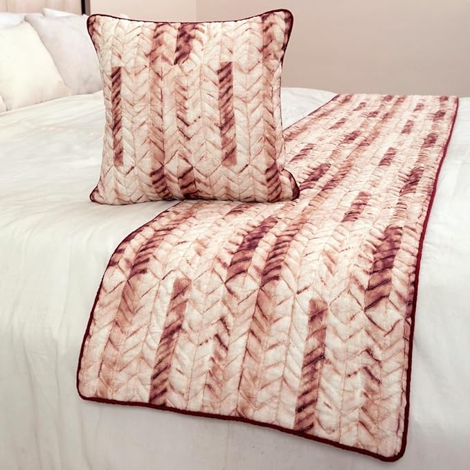 The HomeCentric King/Queen/Twin Maroon & Ivory Designer Twin 53"x18" Bed Runner Without Pillow Cover, Tie & Dye, Beaded & Quilted Bed Scarf on Cotton Fabric - Tie Dye Love