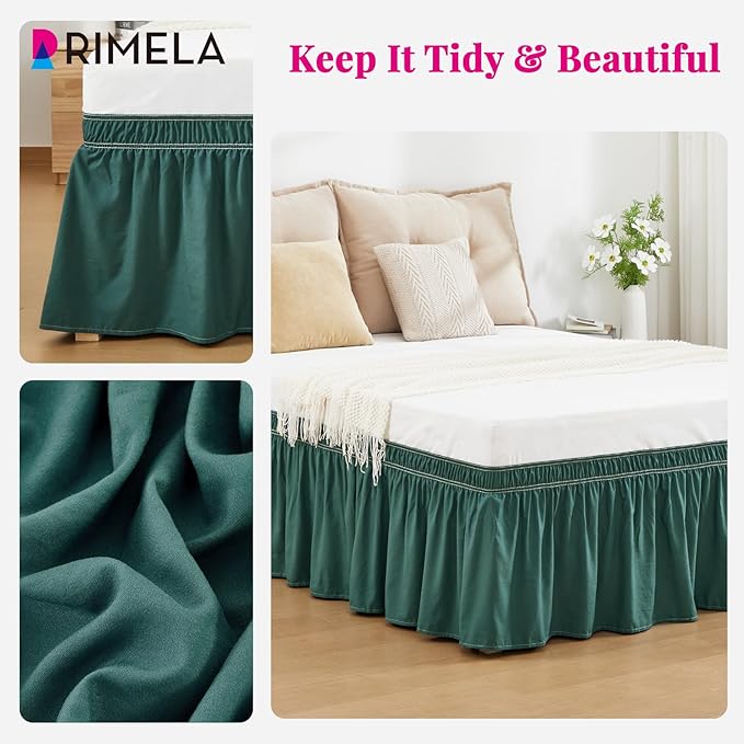RIMELA Emerald Green Bed Skirt Queen Size 18 Inch Drop, Wrap Around Elastic Bedskirt, Dust Ruffle for Adjustable Bed Base Machine Washable Easy to Install Bed Skirts,Christmas Bedroom Decor