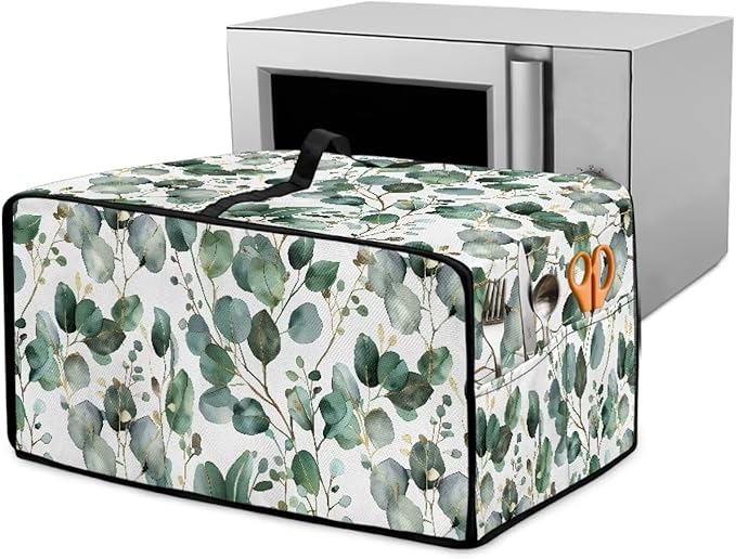 Toaster Oven Cover with Side Pockets, Dustproof Smart Microwave Convection Oven Cover with Handle, for Kitchen Decor, L, 18.5 x 22.5 x 13 Inches, Eucalyptus Leaves Green White