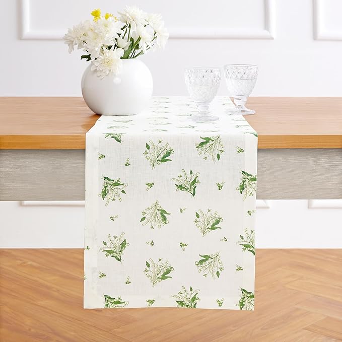 Solino Home Lily Floral Print Table Runner 72 Inches Long - 100% Pure Linen Table Runner 14 x 72 Inch - Machine Washable - Lily of The Valley/White Print