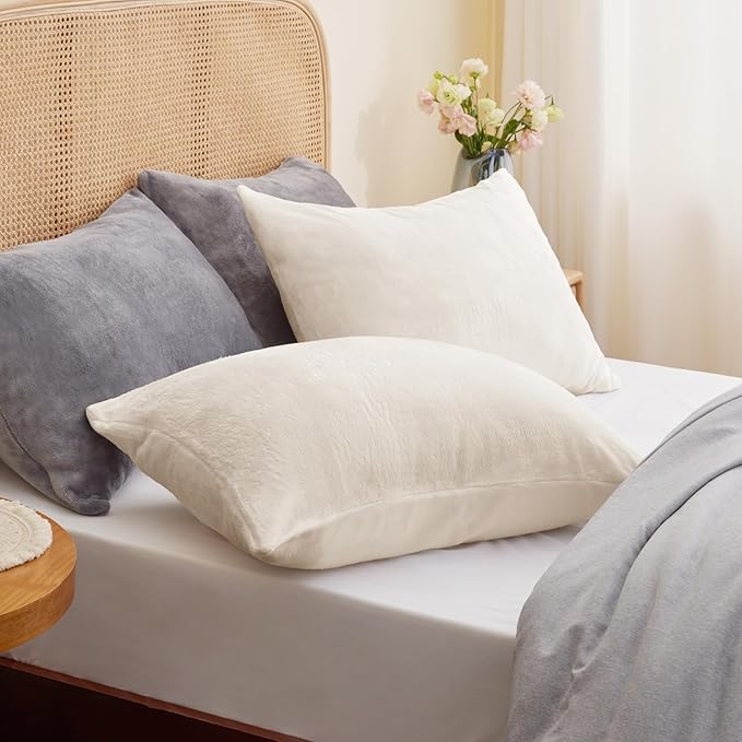 BEDELITE Flannel Pillow Cases Queen Size Set of 2, Super Soft Fleece Pillowcases with Zipper for Bedroom, Sofa, Luxury Cozy Fuzzy Velvet Pillow Shams for All Seasons(20x30 Inches, Off White)