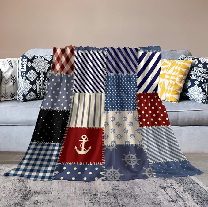 Nautical Blanket Vintage Coastal Rustic Red Blue White Polka Dot Stripe Anchor Patchwork Soft Cozy Lightweight Throw Blanket for Women Men Bedroom Living Room Dorm Chair Sofa Travel 40x50in