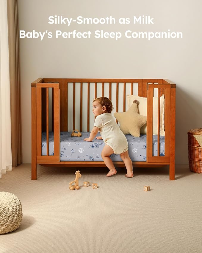 Baby Crib Sheets for Boys Girls, 28x52x8in Fitted Crib Sheet Neutral 3 Pack for Standard Crib and Toddler Mattress, Breathable Soft Microfiber Baby Sheet Grey & Blue Moon