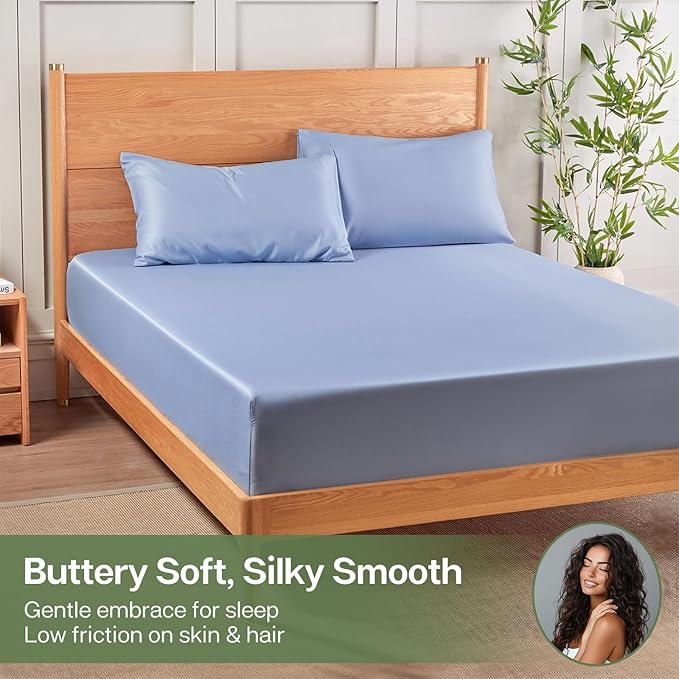 MR&HM Twin Fitted Sheet Only, Ultra-Soft Rayon Derived from Bamboo & Polyester Blend, Silky & Breathable, 15" Deep Pocket with Elastic Straps, Cooling Fitted Sheet for Hot Sleepers, Light Blue