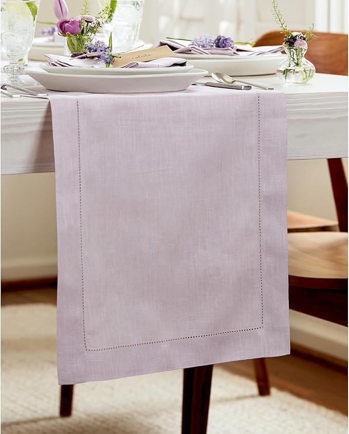 Solino Home Linen Lilac Table Runner 156 Inches Long - 100% Pure Linen Extra Long Table Runner 14 x 156 Inch for Christmas, New Year - Classic Hemstitch